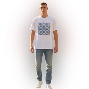 Murano White and Blue Graphic T-Shirt Portuguese tile inspired design Size L